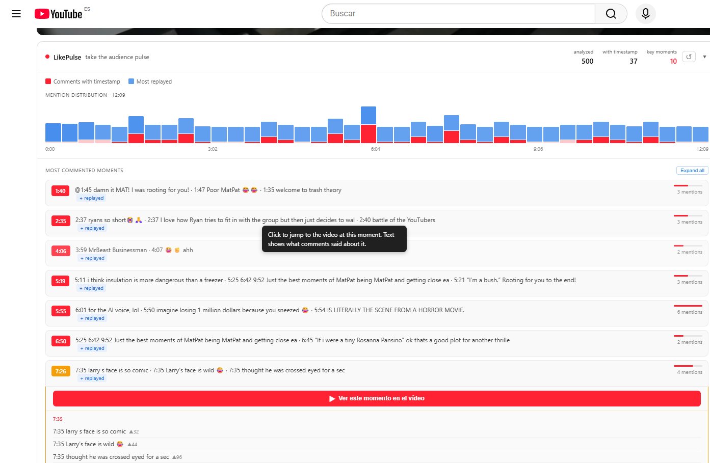 LikePulse key moments with inline comments expanded